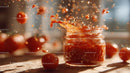 Vibrant Tomato Sauce Splash with Fresh Tomatoes in Background