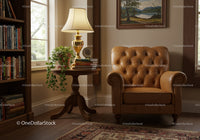 Cozy Reading Corner with Leather Chair and Lamp