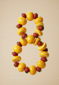 Number eight made of fresh lemons and strawberries