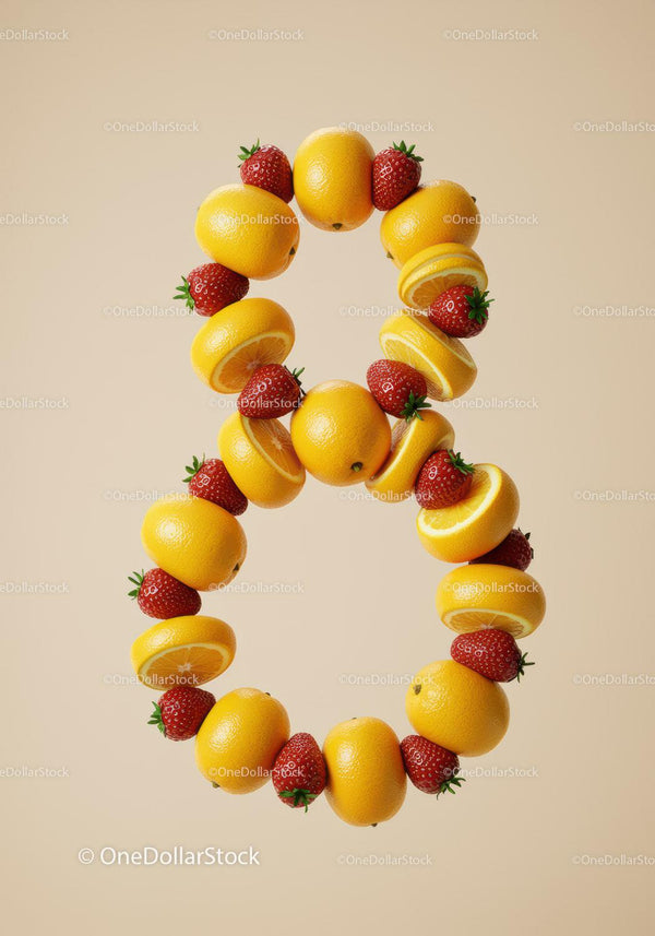 Number eight made of fresh lemons and strawberries