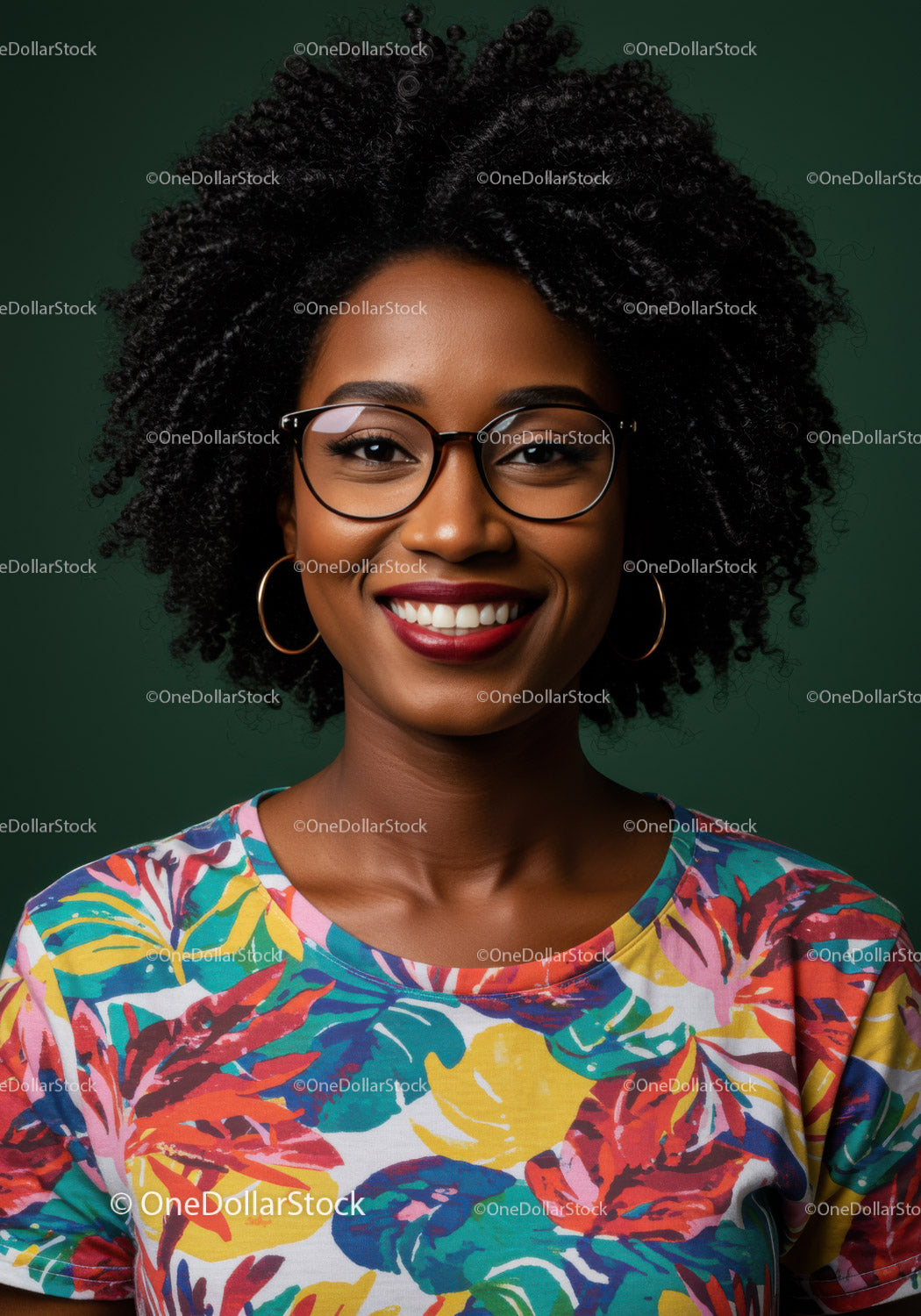 Confident African American Woman with Afro Hairstyle in Colorful Dress