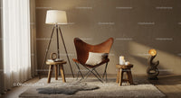 Cozy leather chair corner with warm wooden accents
