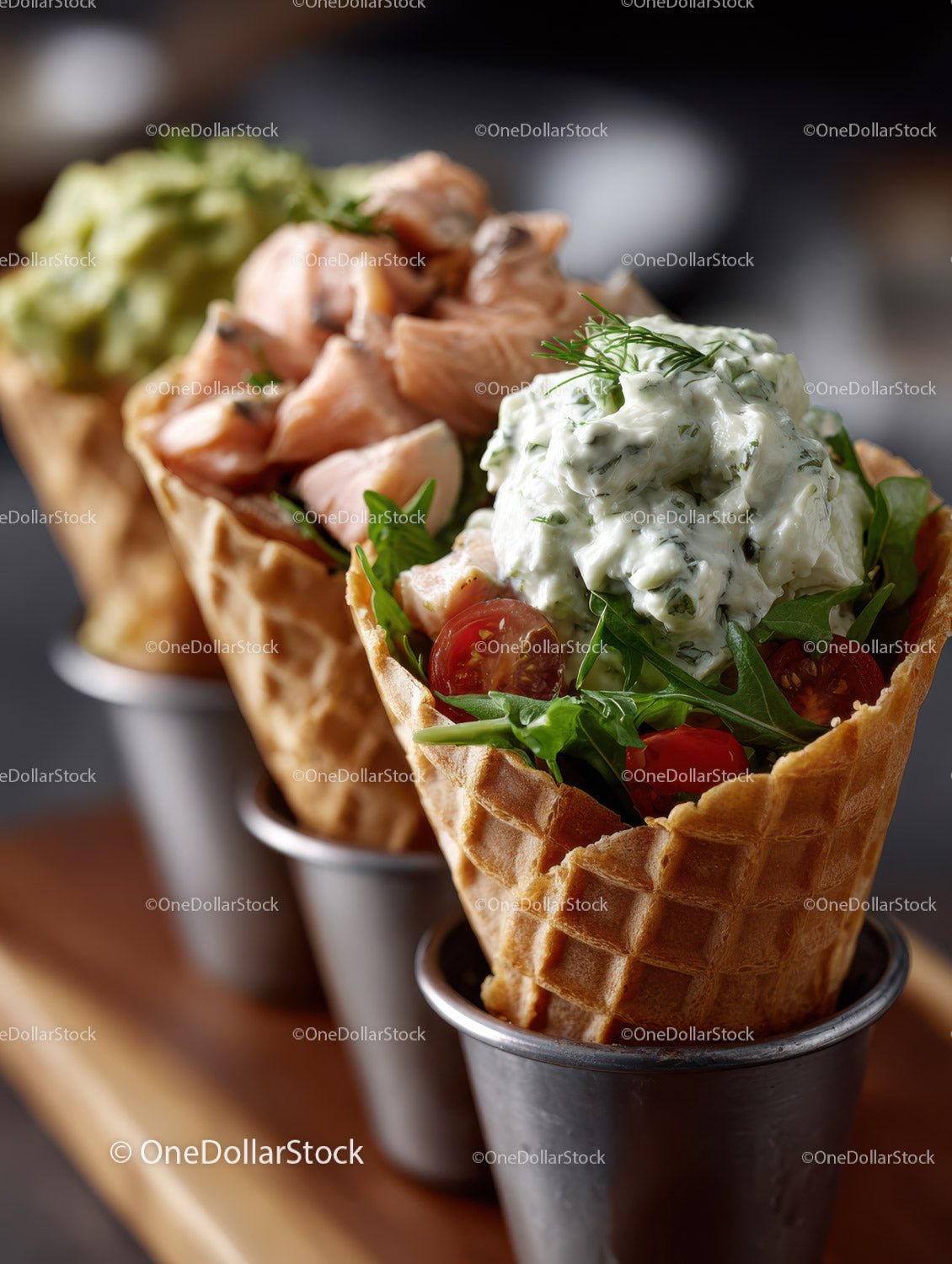 Creamy Chicken Salad in Waffle Cone with Cherry Tomatoes and Greens