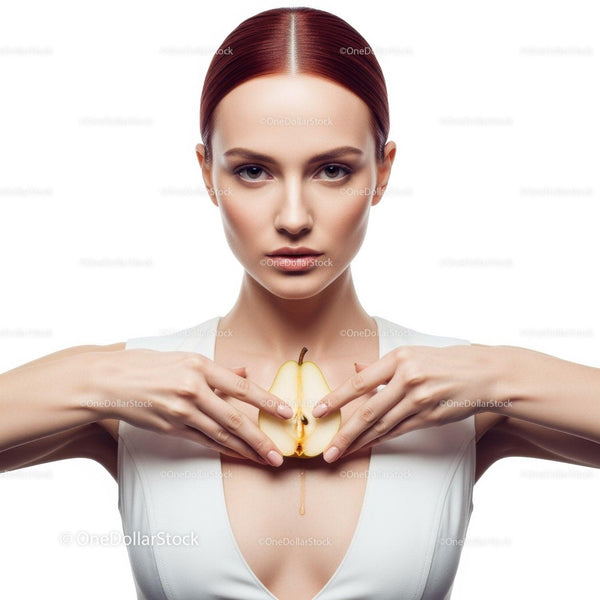 Elegant Woman with Red Hair Holding Pear in Studio Portrait