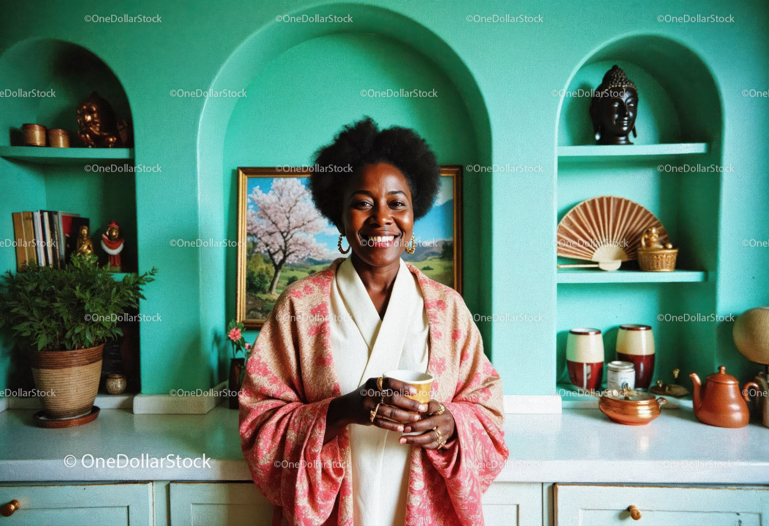 Happy Woman with Afro Hair Holding a Teacup in Colorful Interior