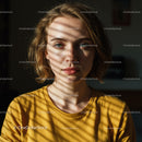 Young Woman with Sunlight Shadows and Intense Gaze in Casual Setting