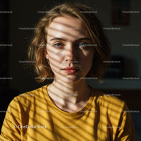 Young Woman with Sunlight Shadows and Intense Gaze in Casual Setting