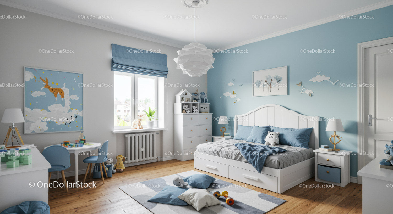 Cute Children's Bedroom with Blue and White Decor and Plush Toys