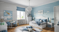 Cute Children's Bedroom with Blue and White Decor and Plush Toys