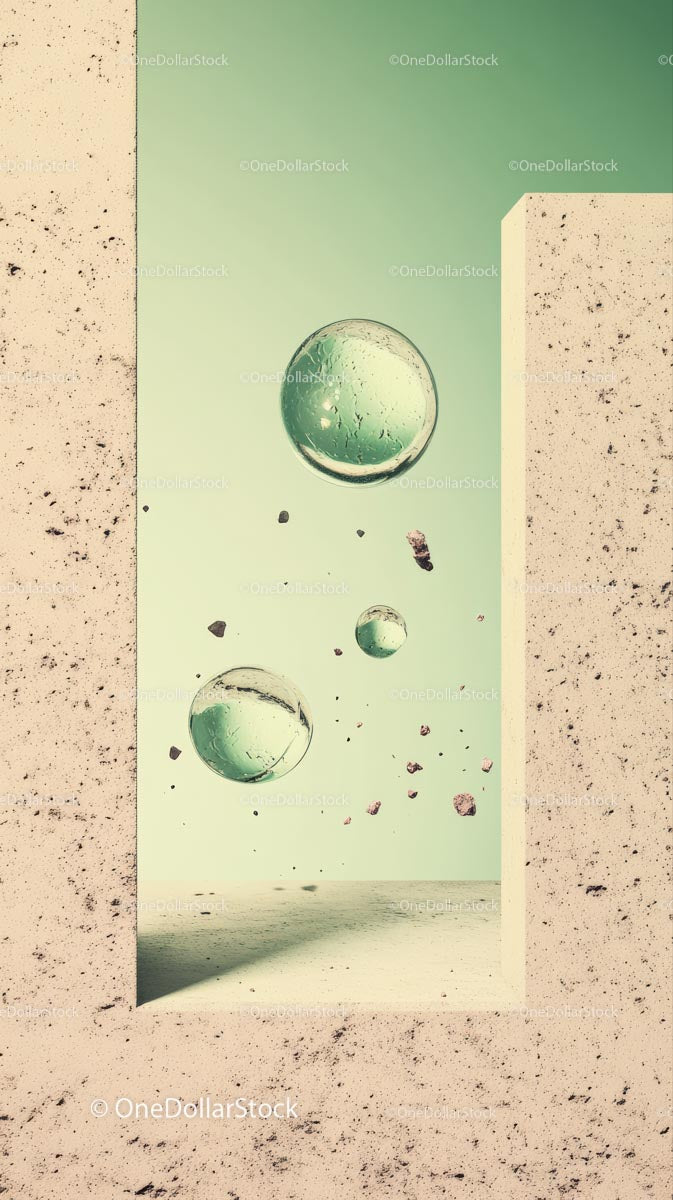 Abstract Floating Glass Spheres in Minimalist Space Scene