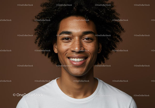 Close-Up of a Smiling Young Man with Curly Hair and Bright Expression