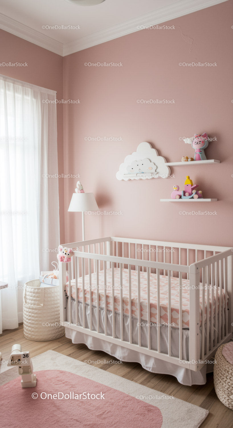 Baby Nursery with Pink Wall and Cloud Shelves Featuring Plush Toys