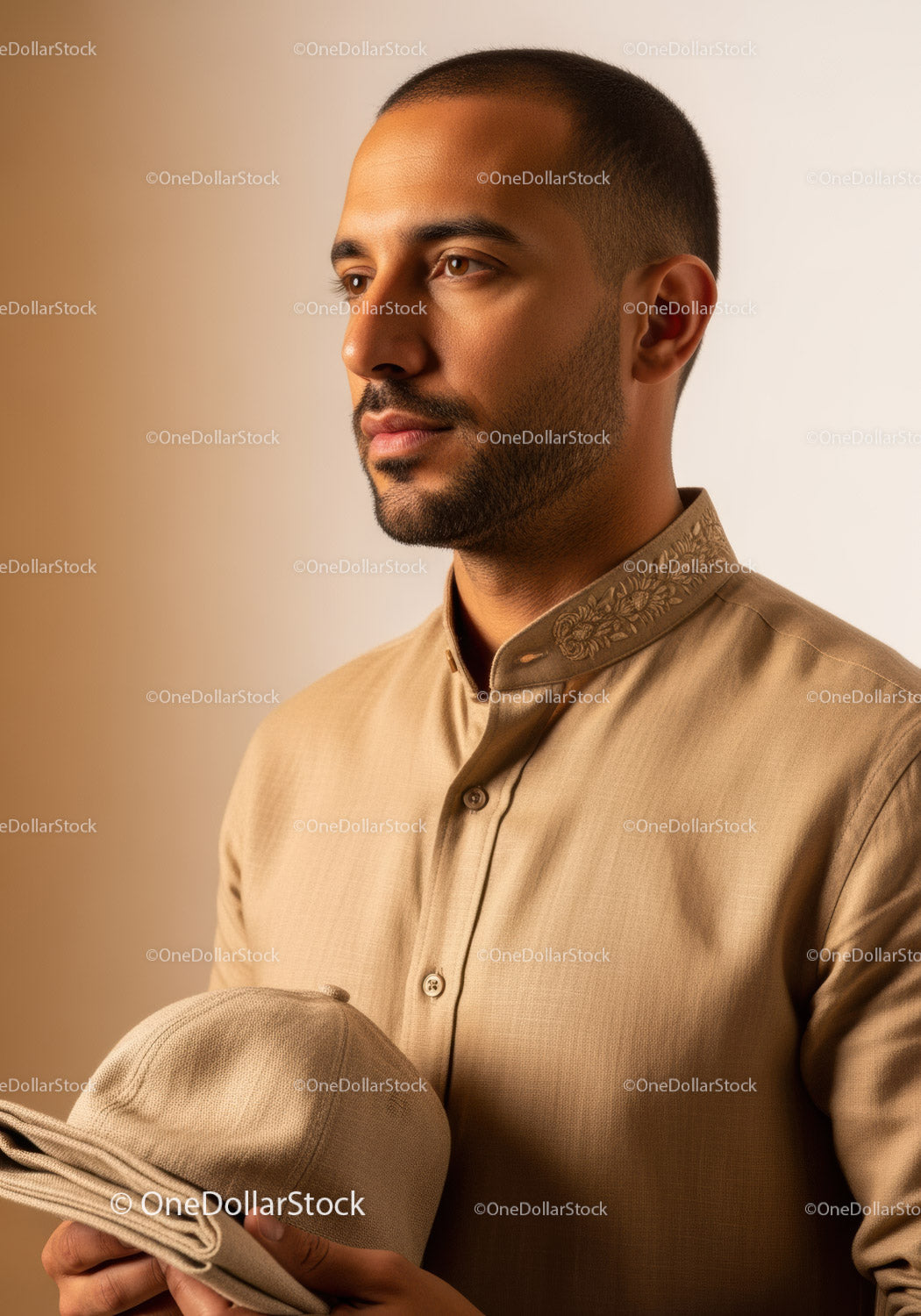 Confident Man in Beige Traditional Kurta Holding Stylish Hat