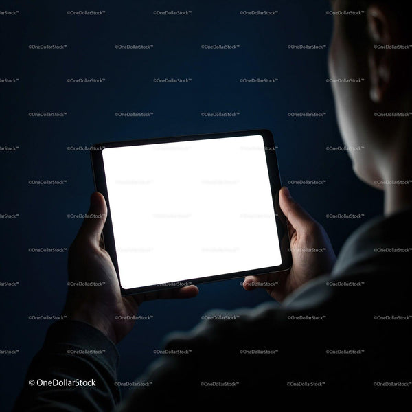 Person Holding Bright Tablet in Dark Room JPG Mockup Image