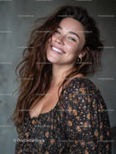 Bright Smiling Woman in Floral Dress with Confident Expression