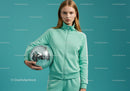 Young Woman in Mint Green Tracksuit Holding Disco Ball in Studio