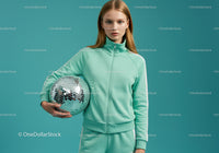 Young Woman in Mint Green Tracksuit Holding Disco Ball in Studio