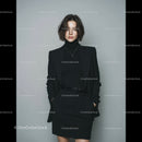 Elegant Female Model in Black Business Attire in Indoor Portrait