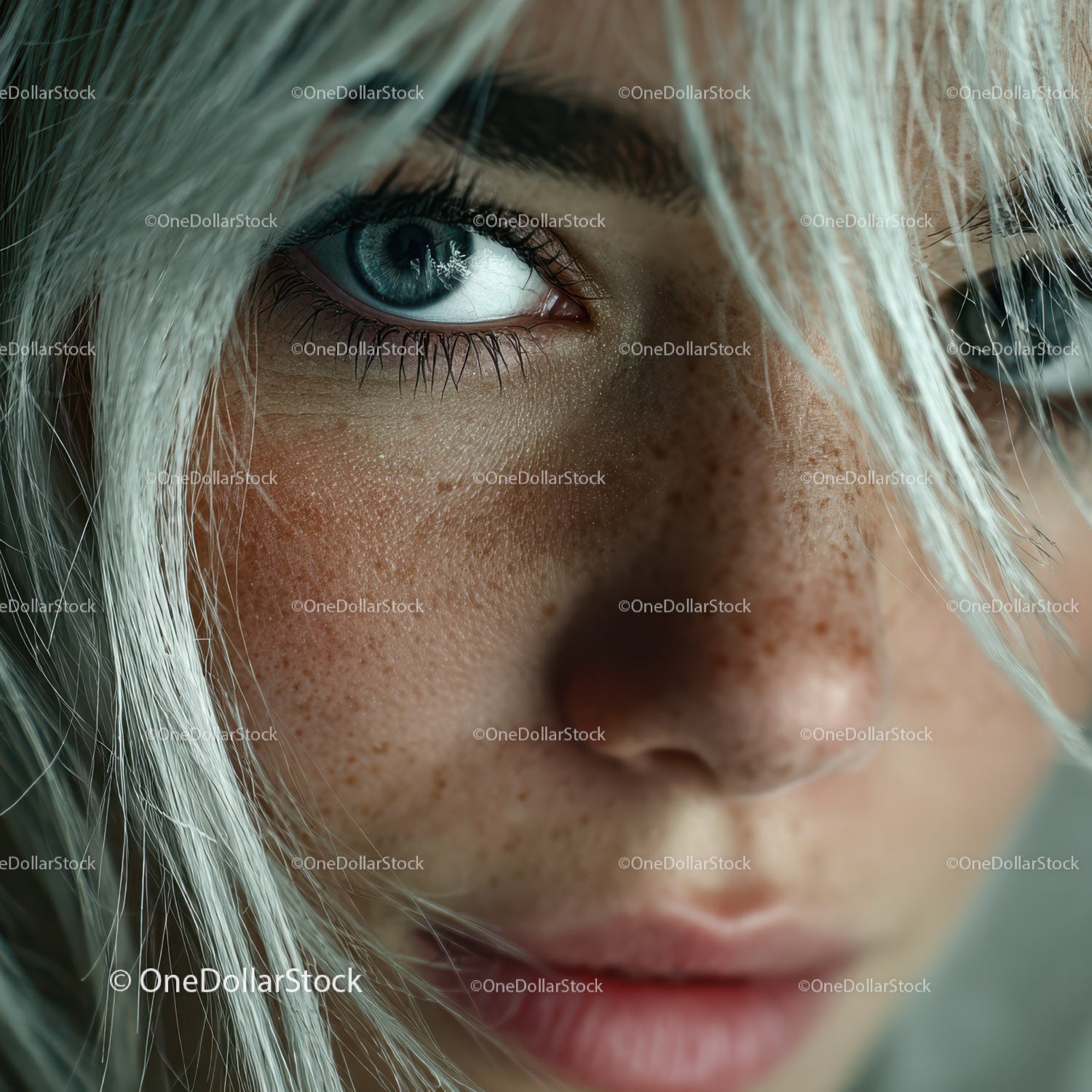Close-Up of a Woman with Blue Eyes and Freckles in Portrait Style
