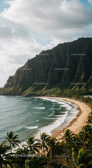 Tropical Beach with Palm Trees and Mountain Cliffs Scenic Landscape