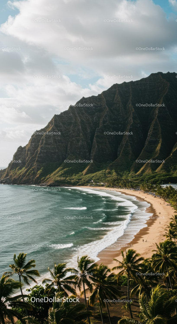 Tropical Beach with Palm Trees and Mountain Cliffs Scenic Landscape