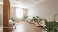 Modern Lounge with White Armchairs and Lush Green Houseplants