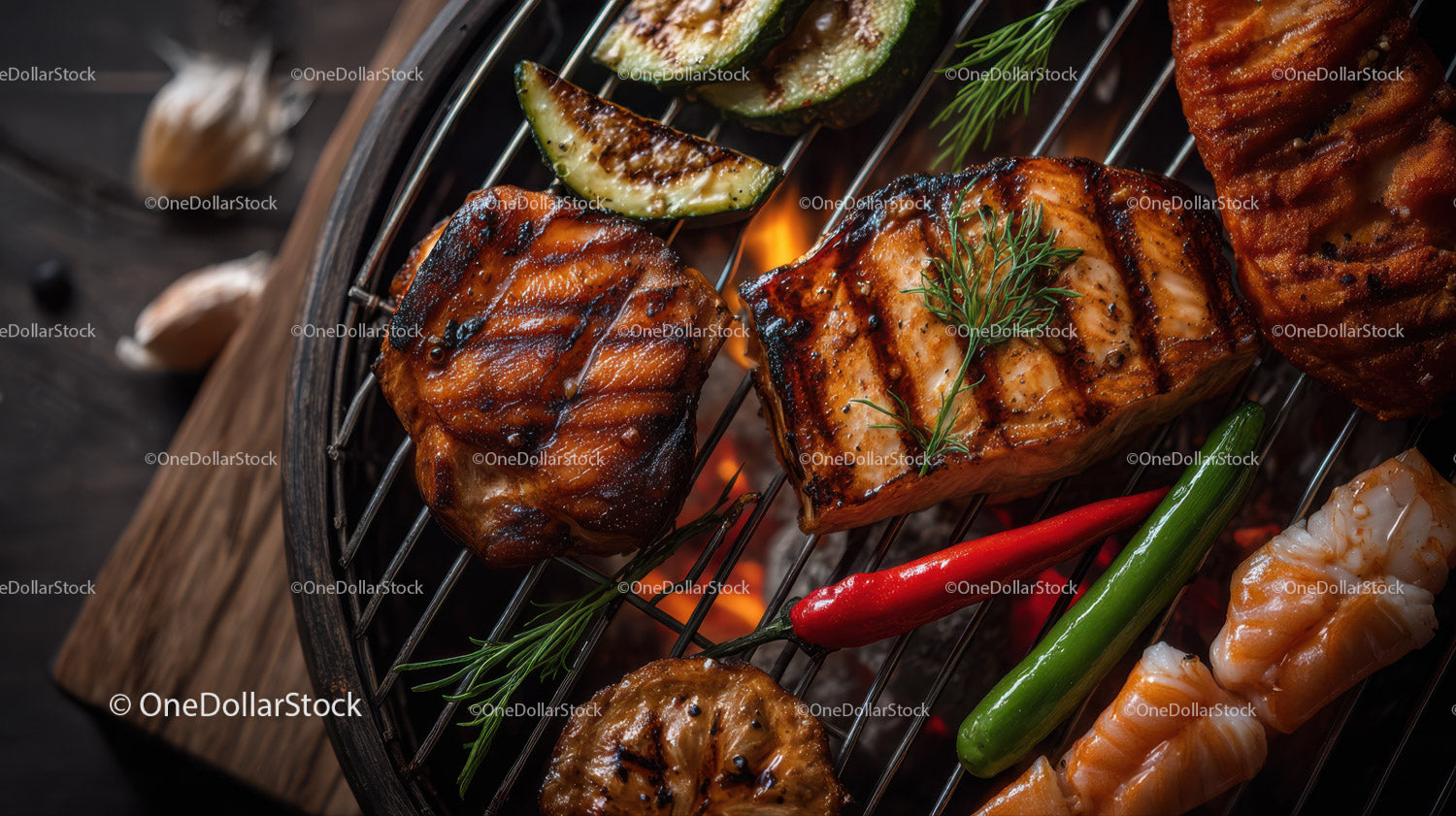 Grilled Salmon Steaks with Vegetables on Outdoor Barbecue Grill