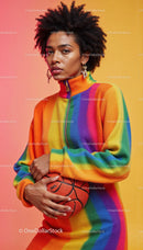 Vibrant Rainbow Sweater Worn by Confident Woman Holding Basketball