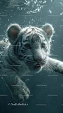 White tiger cub swimming underwater with piercing blue eyes