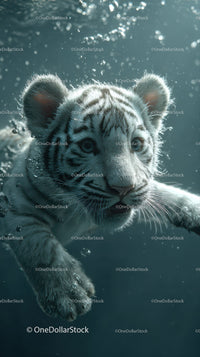 White tiger cub swimming underwater with piercing blue eyes