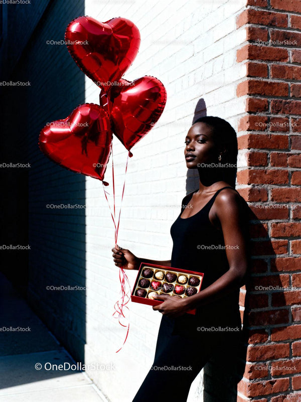Confident woman with heart balloons and chocolates