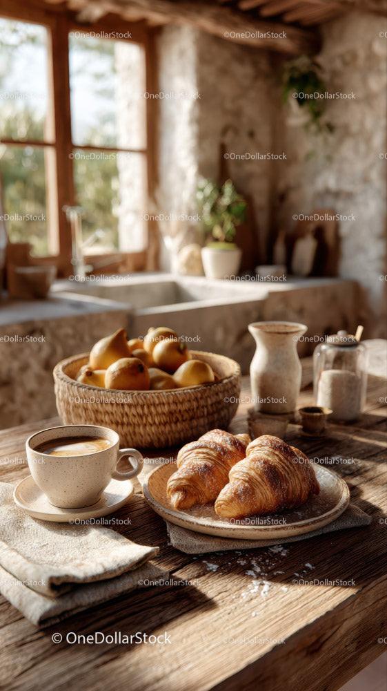 Rustic Kitchen Morning Scene with Croissants Coffee and Fresh Fruit Stock Photo Bundle (26 JPG Files)