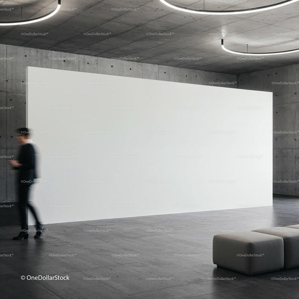 Minimalist office lobby with concrete walls and seating JPG Mockup Image