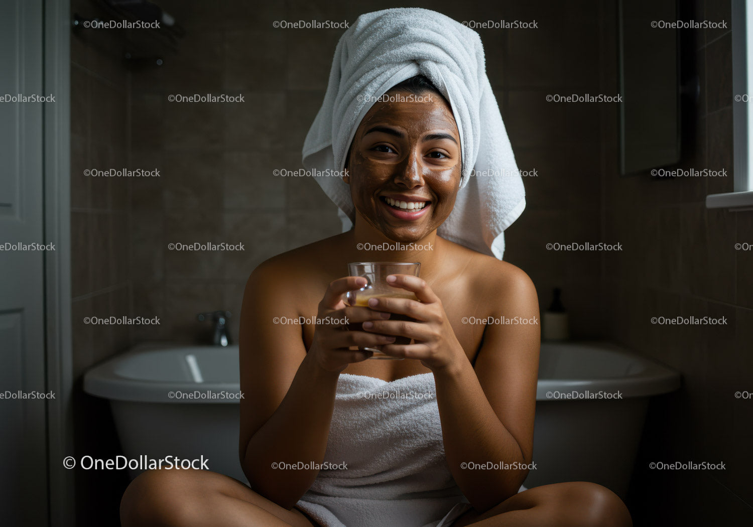Joyful Woman Drinking Water with Towel Wrapped Hair in Bathroom