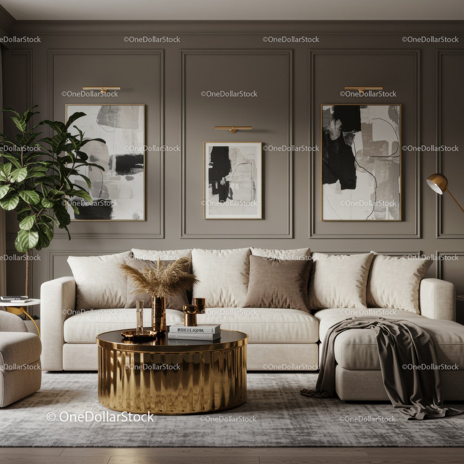 Cozy living room with beige sofa and gold accents