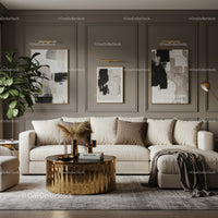 Cozy living room with beige sofa and gold accents