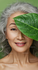 Portrait of Elderly Woman with Silver Hair and Green Leaf