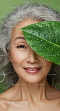Portrait of Elderly Woman with Silver Hair and Green Leaf