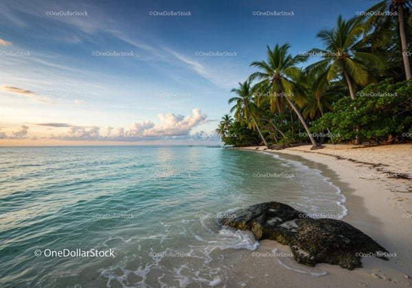 Tropical Beach with Palm Trees and Clear Ocean Water