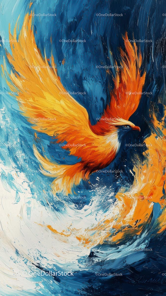 Vibrant Abstract Painting of Fiery Phoenix Bird in Motion