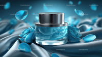 Elegant Blue Cosmetic Jar Among Delicate Petals