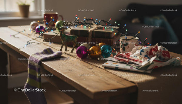 Cozy rustic table with Christmas decorations and gifts