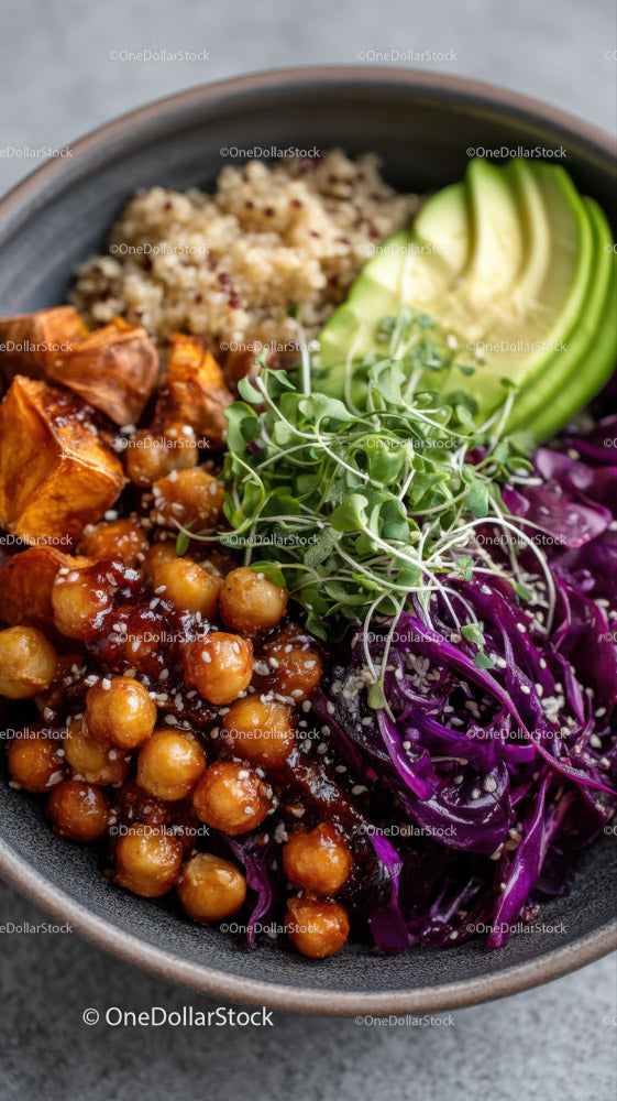 Colorful Vegan Bowl with Chickpeas Avocado and Purple Cabbage