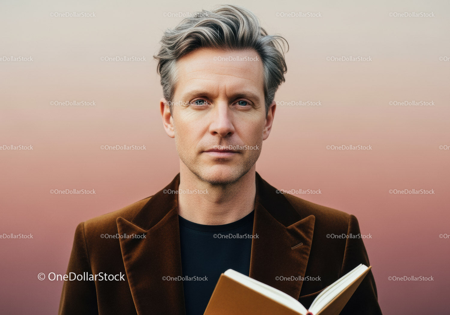 Stylish Adult Man Reading Book with Focused Expression