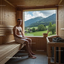 Serene Male Man Relaxing in Wooden Sauna With Mountain View