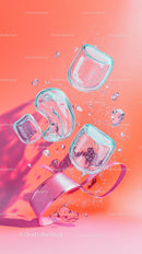 Frozen Ice Cubes Falling Over Bright Pink Background