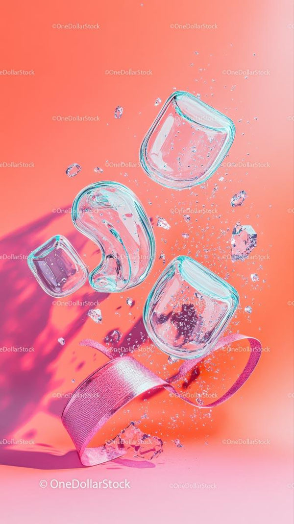 Frozen Ice Cubes Falling Over Bright Pink Background