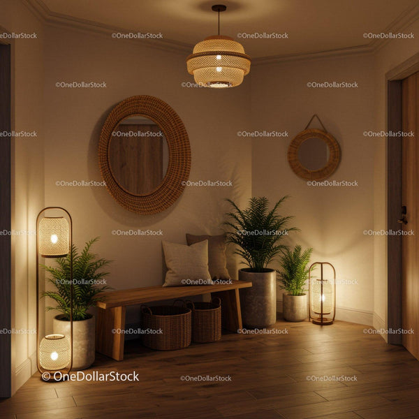 Cozy entryway with warm lighting and natural decor