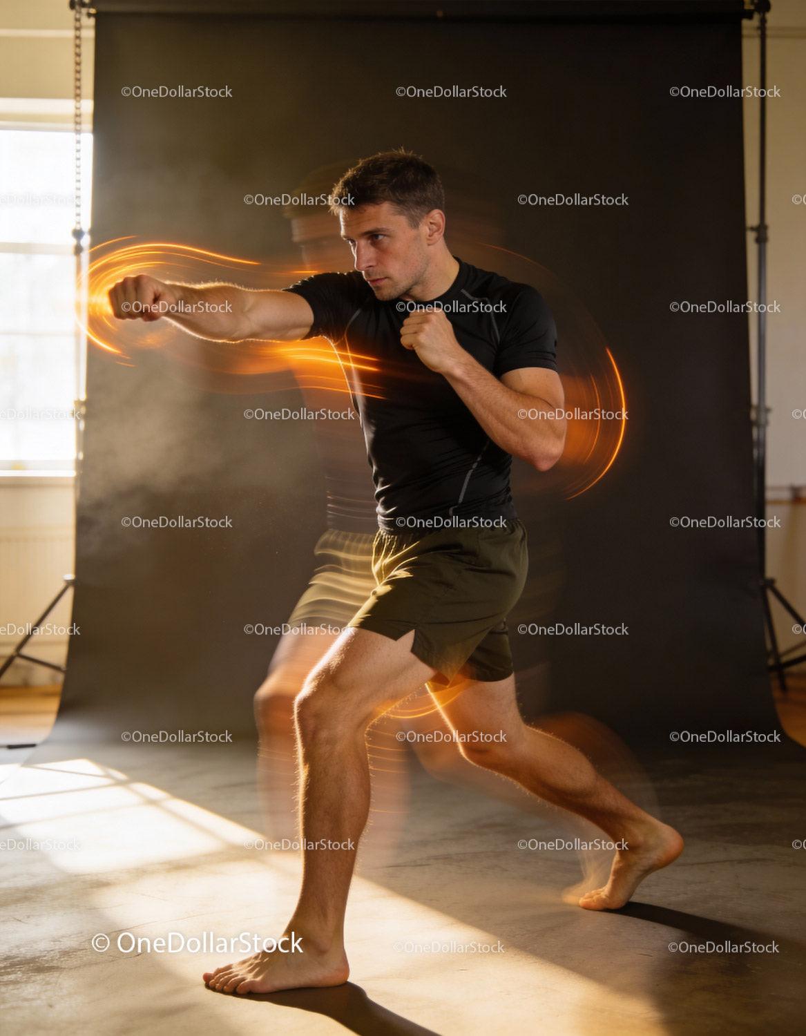 Focused athlete demonstrating dynamic martial arts stance