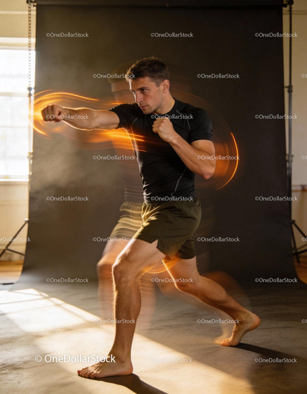 Focused athlete demonstrating dynamic martial arts stance